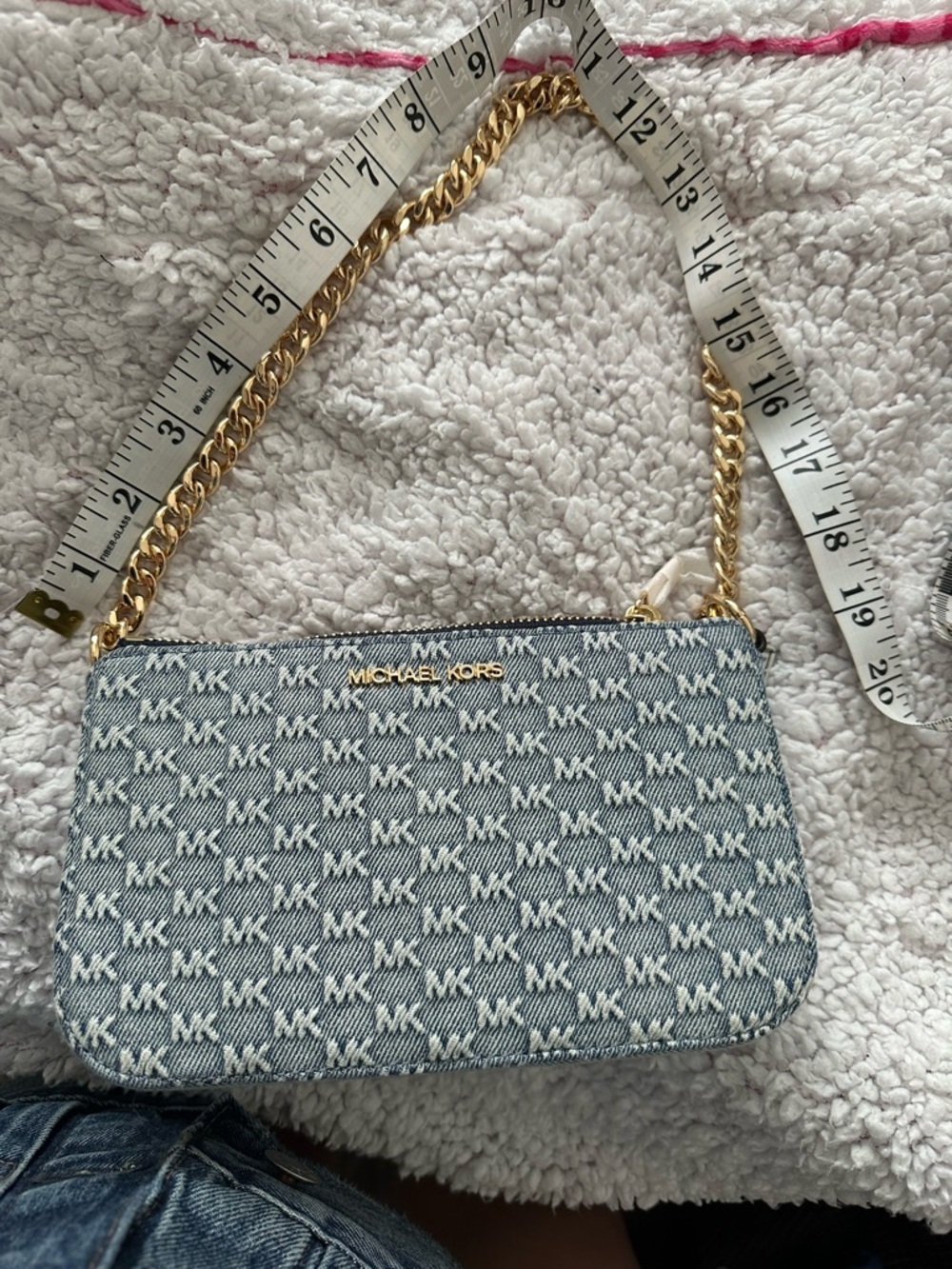 Denim Crossbody Bag with Gold Chain Strap - Blue